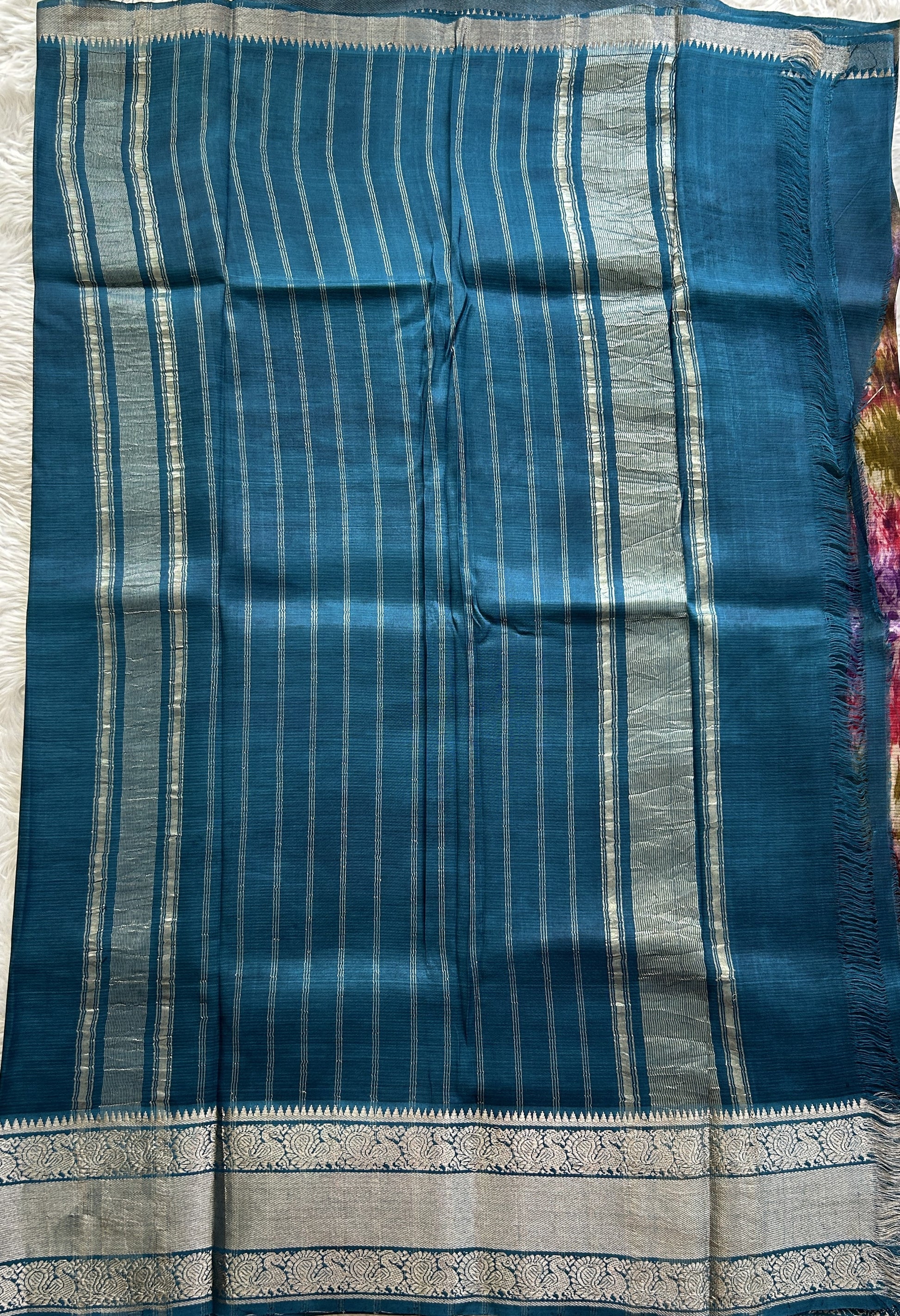 Mangalagiri Pattu Shibori Saree Multi colored complemented with a Peacock Blue Color Zari Border - Sampradaya Designer Studio