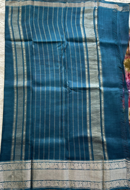 Mangalagiri Pattu Shibori Saree Multi colored complemented with a Peacock Blue Color Zari Border - Sampradaya Designer Studio