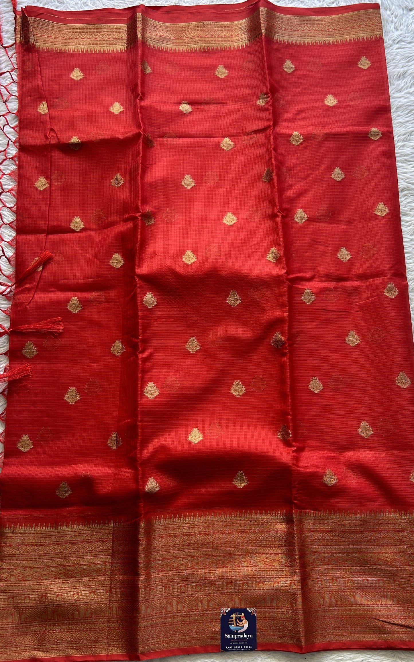 Silk kota Saree Red colored Complemented with a Zari Border. - Sampradaya Designer Studio