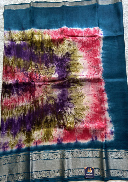 Mangalagiri Pattu Shibori Saree Multi colored complemented with a Peacock Blue Color Zari Border - Sampradaya Designer Studio