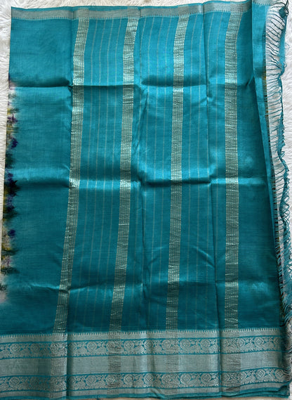 Mangalagiri Pattu Shibori Saree Multi colored complemented with a Sea Blue Color Zari Border - Sampradaya Designer Studio