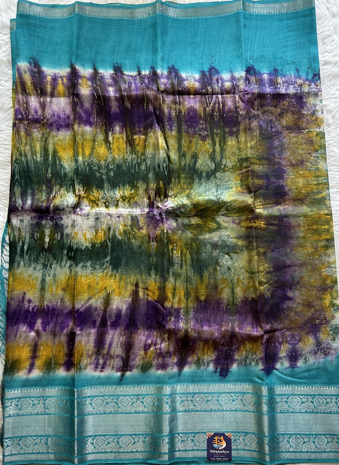 Mangalagiri Pattu Shibori Saree Multi colored complemented with a Sea Blue Color Zari Border - Sampradaya Designer Studio