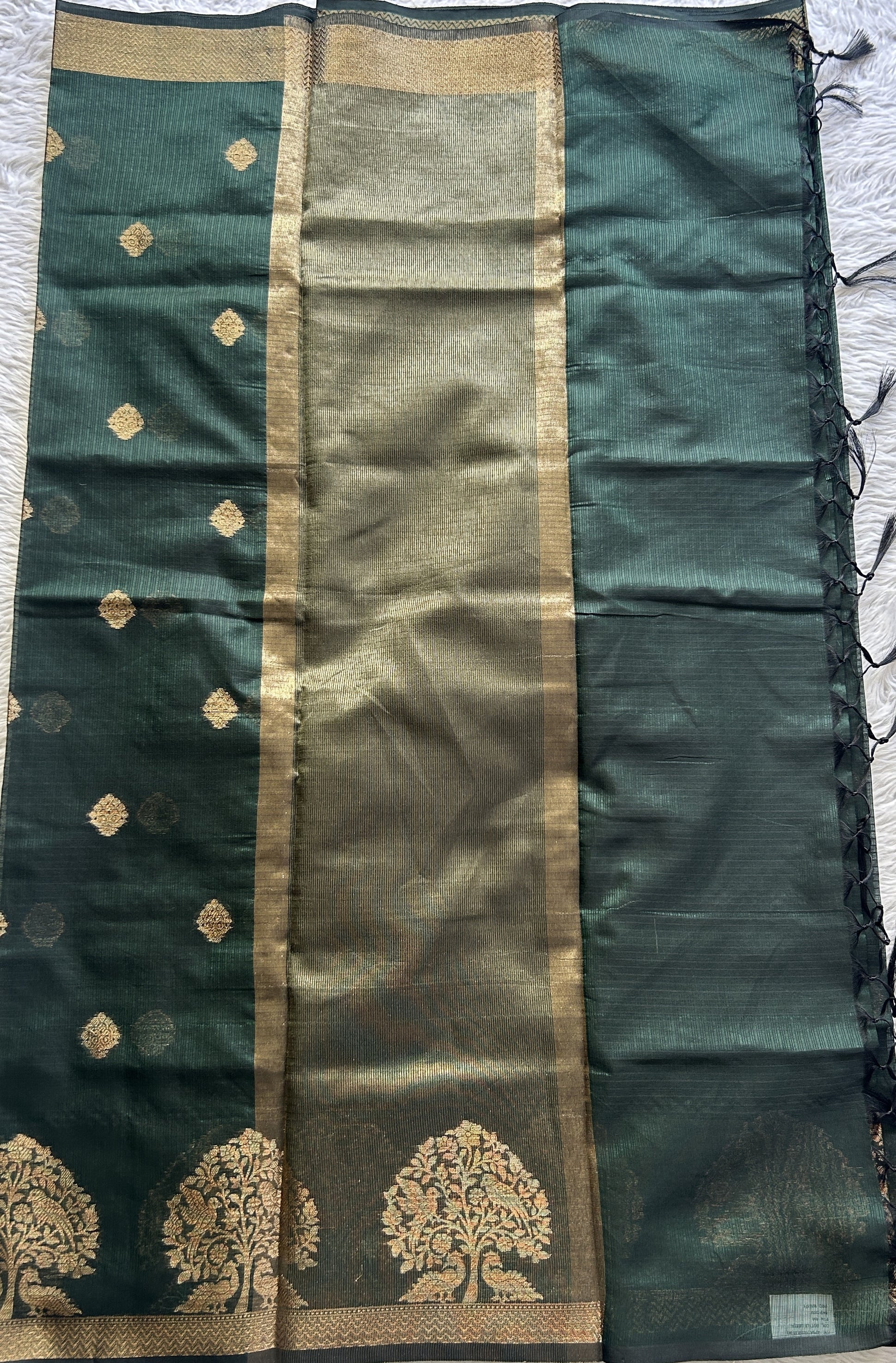 Silk kota Saree Deep Bottle Green colored Complemented with a Zari Border. - Sampradaya Designer Studio