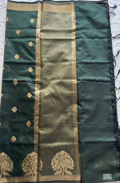 Silk kota Saree Deep Bottle Green colored Complemented with a Zari Border. - Sampradaya Designer Studio
