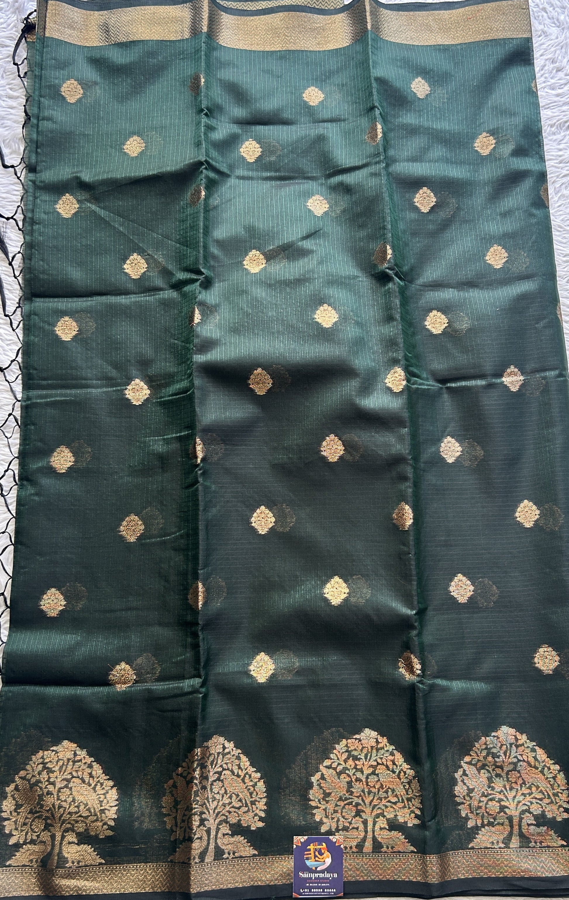 Silk kota Saree Deep Bottle Green colored Complemented with a Zari Border. - Sampradaya Designer Studio