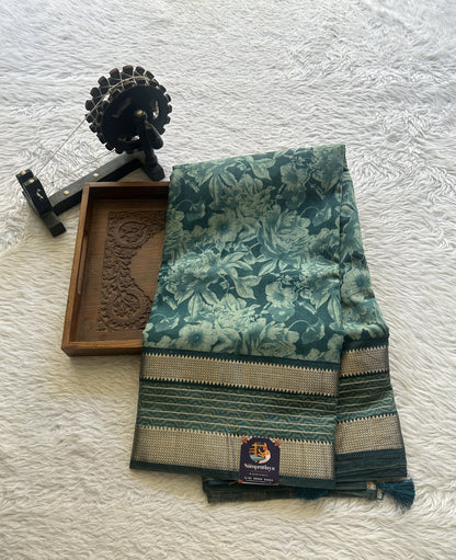 Dola Crepe Saree Teal Colored Complemented with a Zari Border. - Sampradaya Designer Studio
