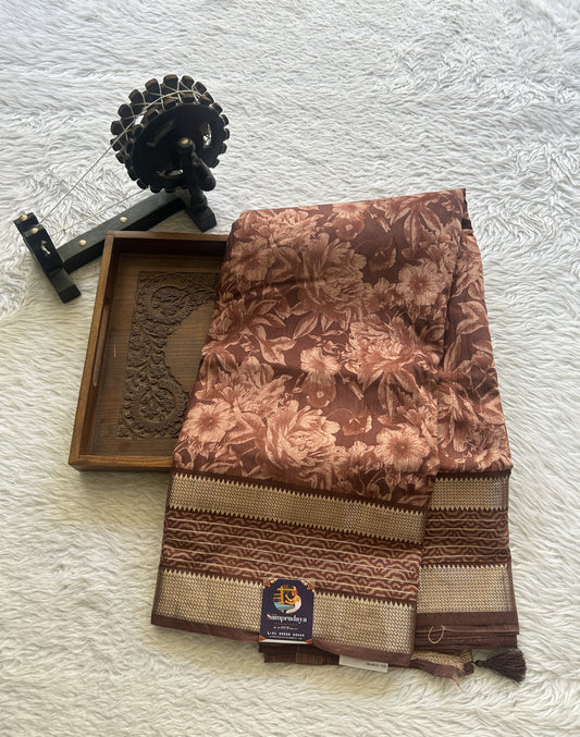 Dola Crepe Saree Dull Brown Colored Complemented with a Zari Border. - Sampradaya Designer Studio