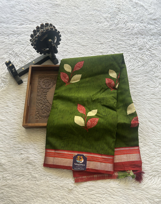 Dola Crepe Saree Leaf Green Colored Complemented with a Zari Border. - Sampradaya Designer Studio
