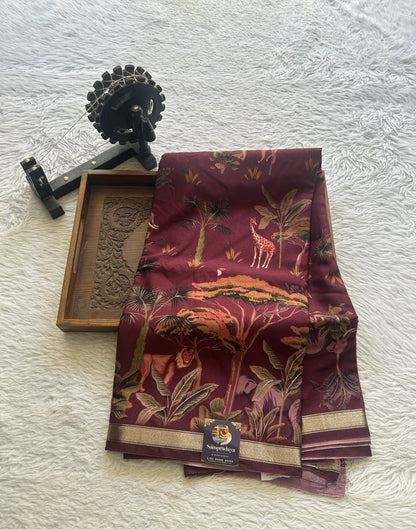 Dola Crepe Saree Wine Colored Complemented with a Zari Border. - Sampradaya Designer Studio