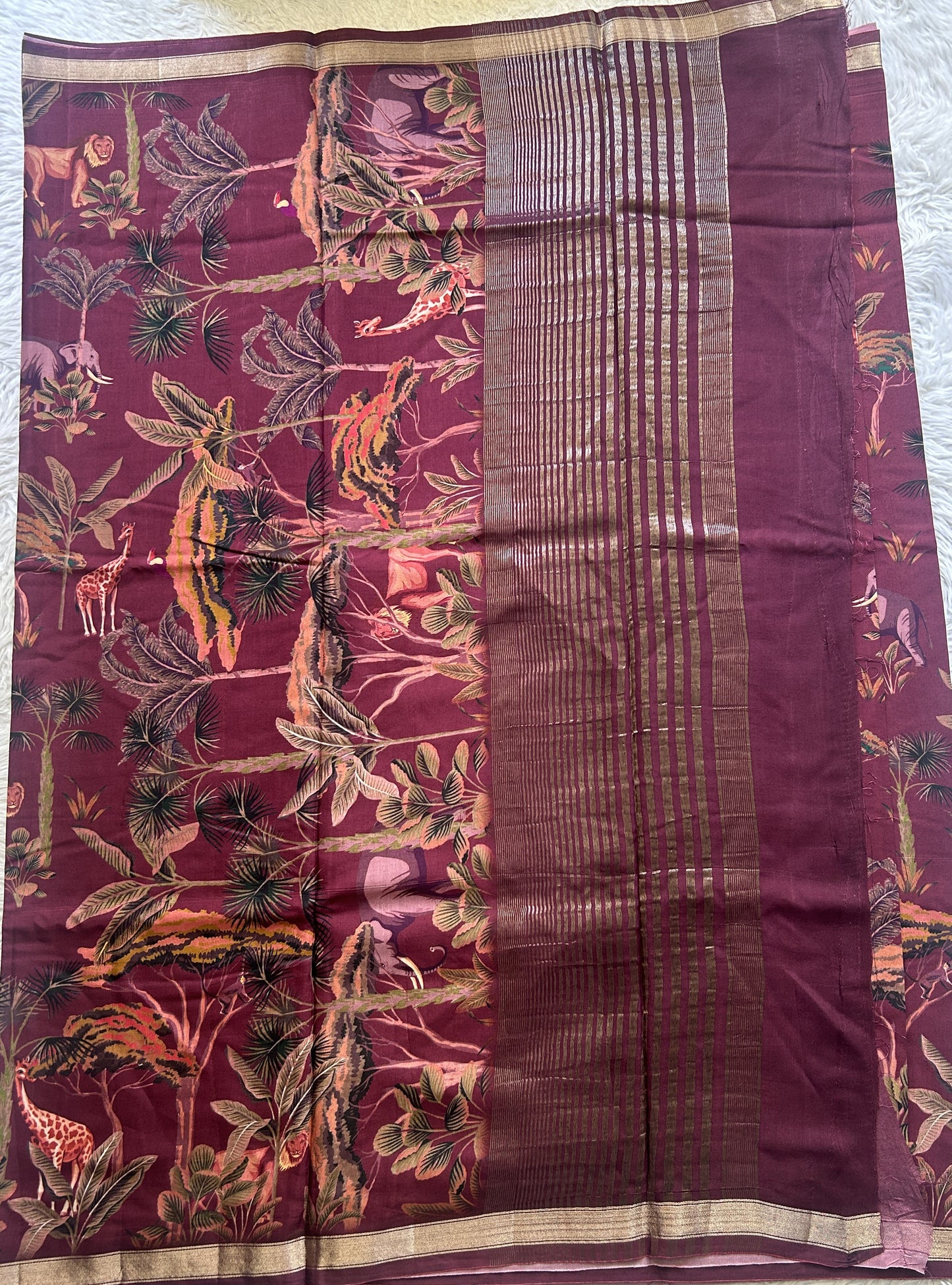 Dola Crepe Saree Wine Colored Complemented with a Zari Border. - Sampradaya Designer Studio