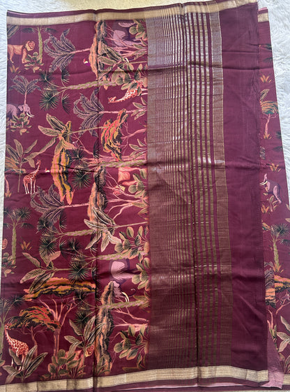 Dola Crepe Saree Wine Colored Complemented with a Zari Border. - Sampradaya Designer Studio