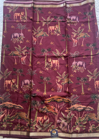 Dola Crepe Saree Wine Colored Complemented with a Zari Border. - Sampradaya Designer Studio