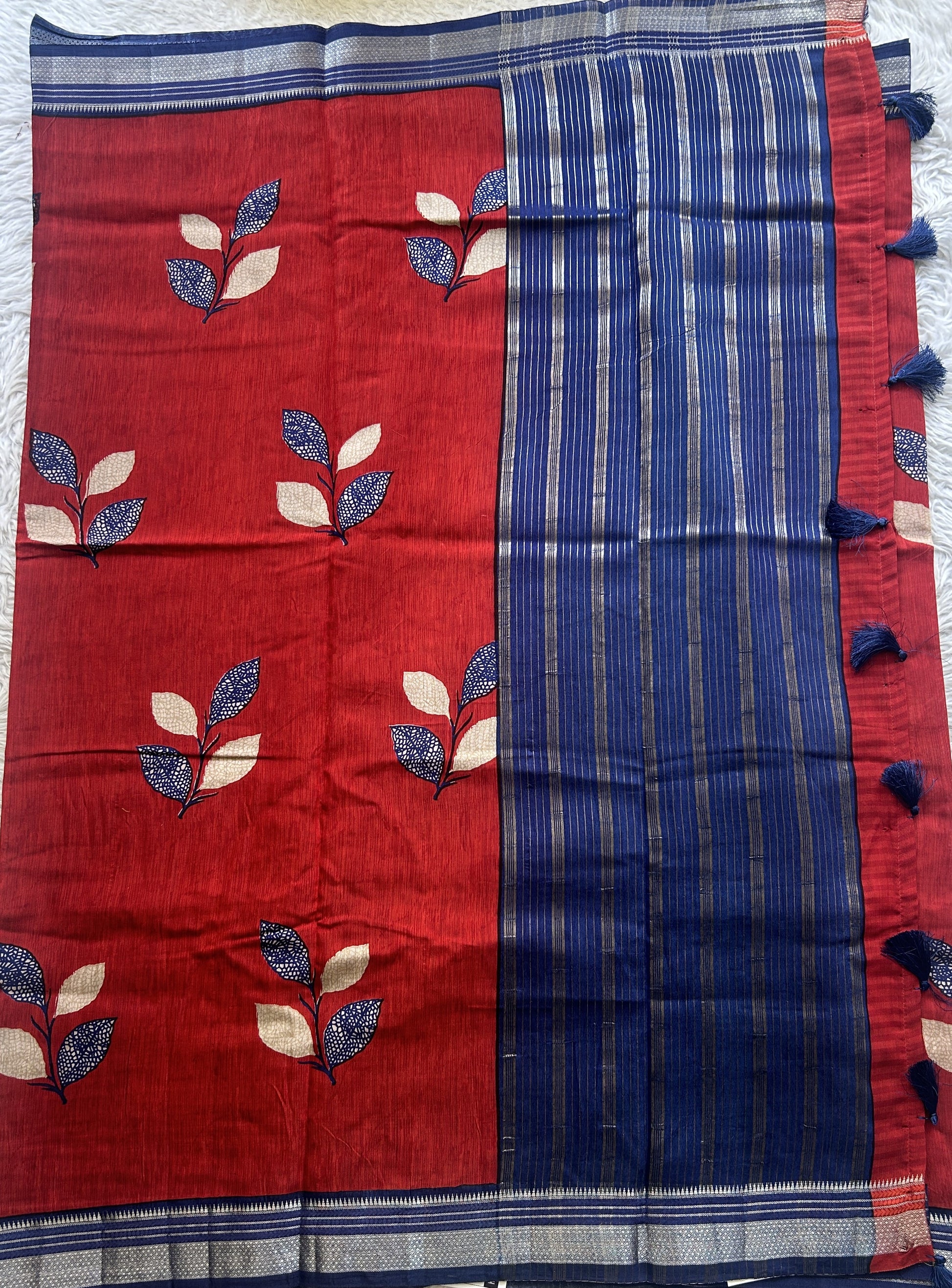 Dola Crepe Saree Red Colored Complemented with a Ink Blue Zari Border. - Sampradaya Designer Studio