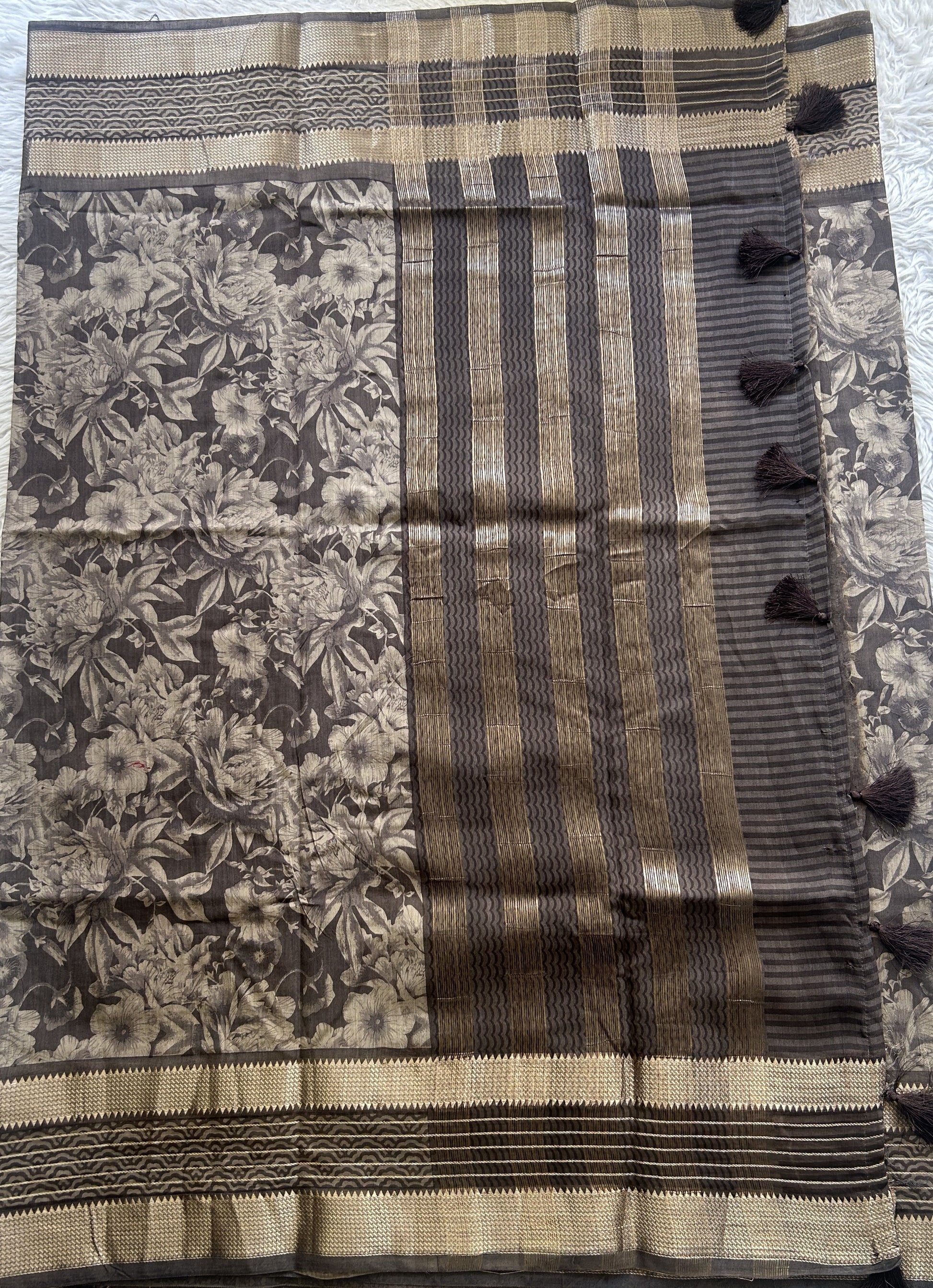 Dola Crepe Saree Coffee Colored Complemented with a Zari Border. - Sampradaya Designer Studio