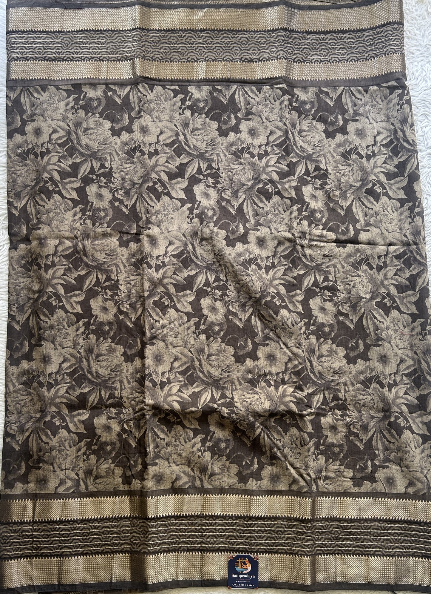 Dola Crepe Saree Coffee Colored Complemented with a Zari Border. - Sampradaya Designer Studio