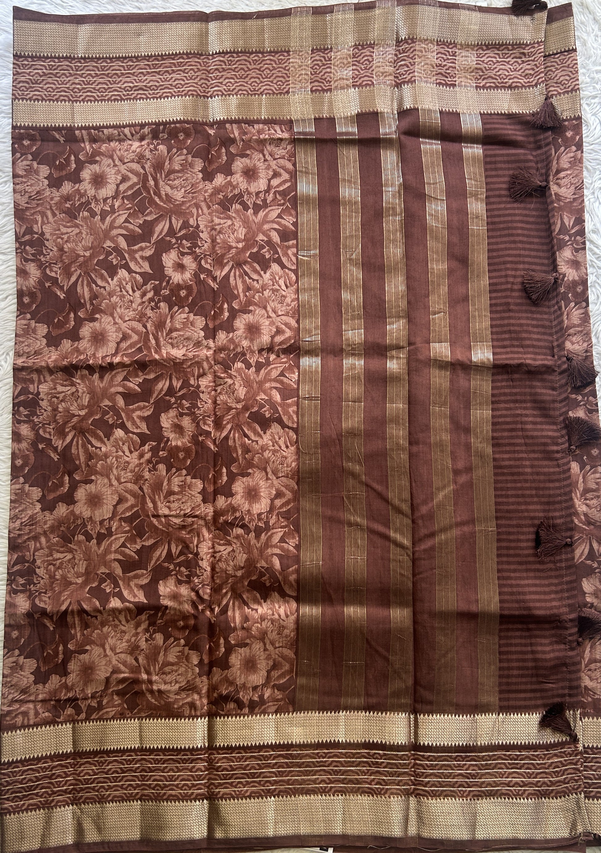 Dola Crepe Saree Dull Brown Colored Complemented with a Zari Border. - Sampradaya Designer Studio