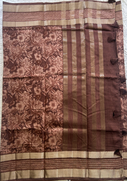 Dola Crepe Saree Dull Brown Colored Complemented with a Zari Border. - Sampradaya Designer Studio
