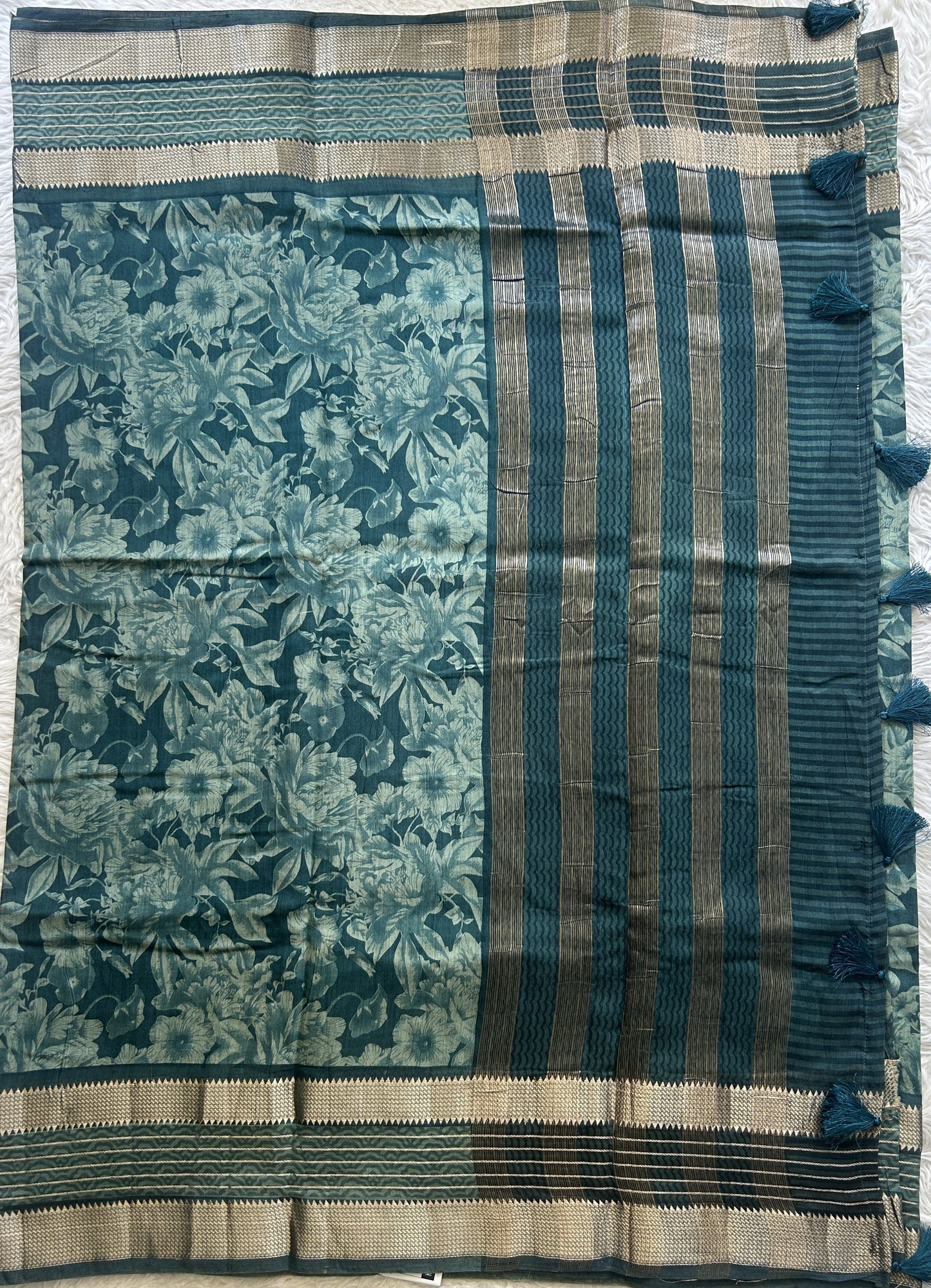 Dola Crepe Saree Teal Colored Complemented with a Zari Border. - Sampradaya Designer Studio
