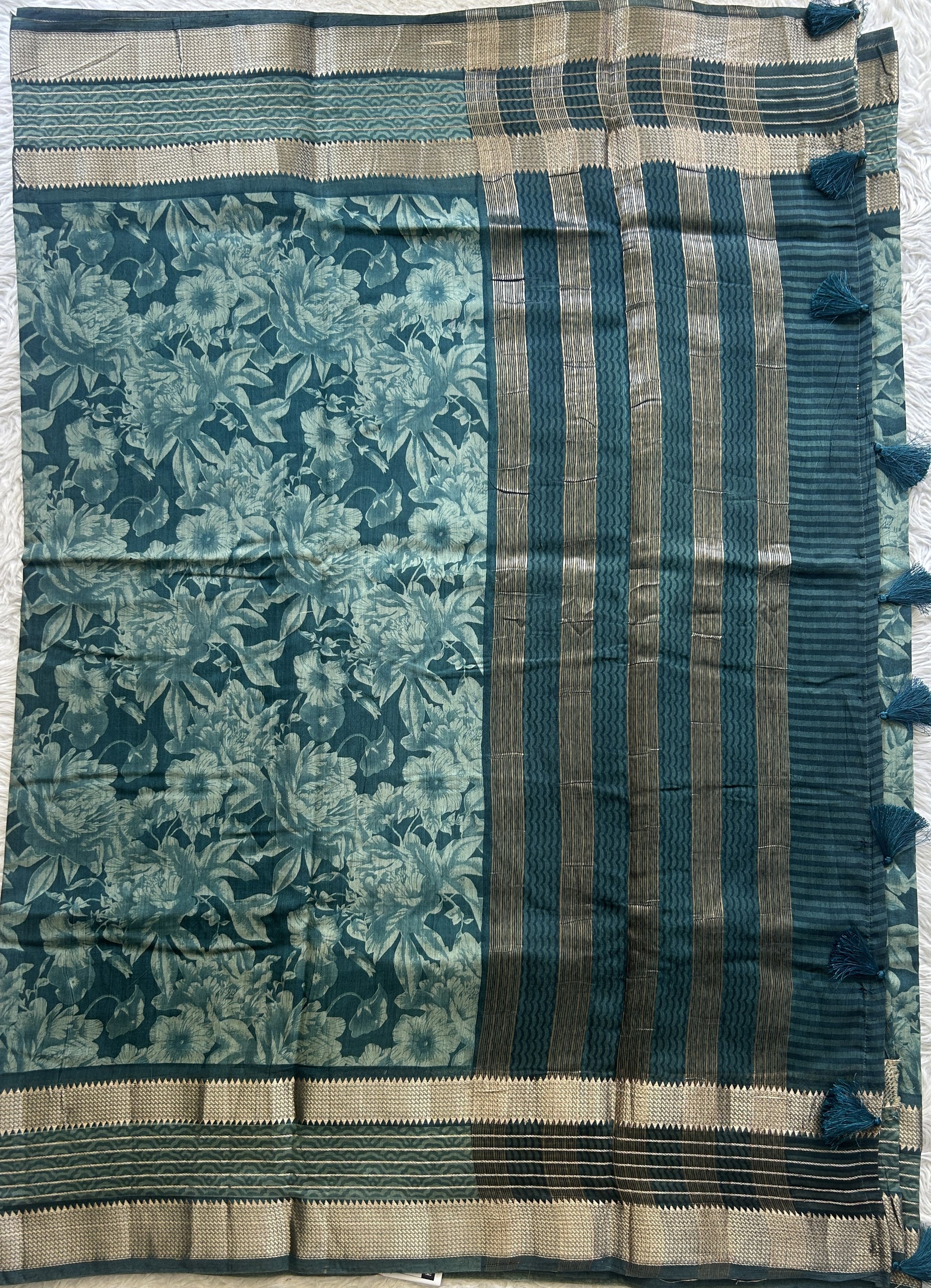 Dola Crepe Saree Teal Colored Complemented with a Zari Border. - Sampradaya Designer Studio