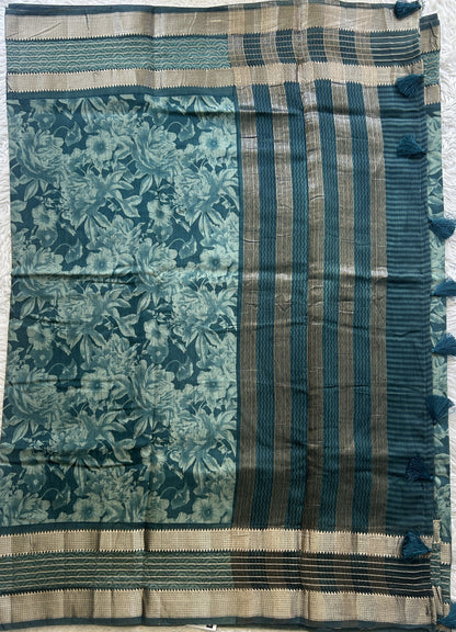 Dola Crepe Saree Teal Colored Complemented with a Zari Border. - Sampradaya Designer Studio