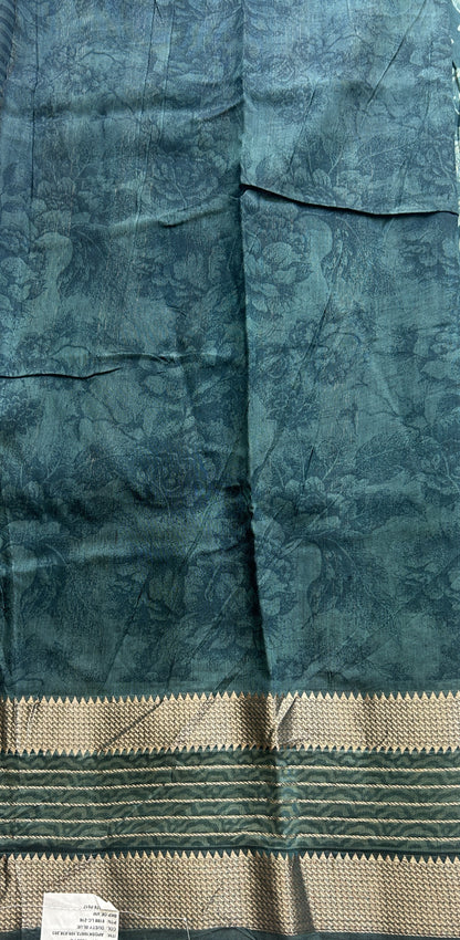 Dola Crepe Saree Teal Colored Complemented with a Zari Border. - Sampradaya Designer Studio