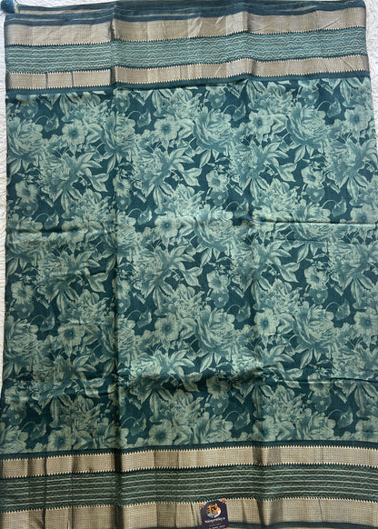 Dola Crepe Saree Teal Colored Complemented with a Zari Border. - Sampradaya Designer Studio