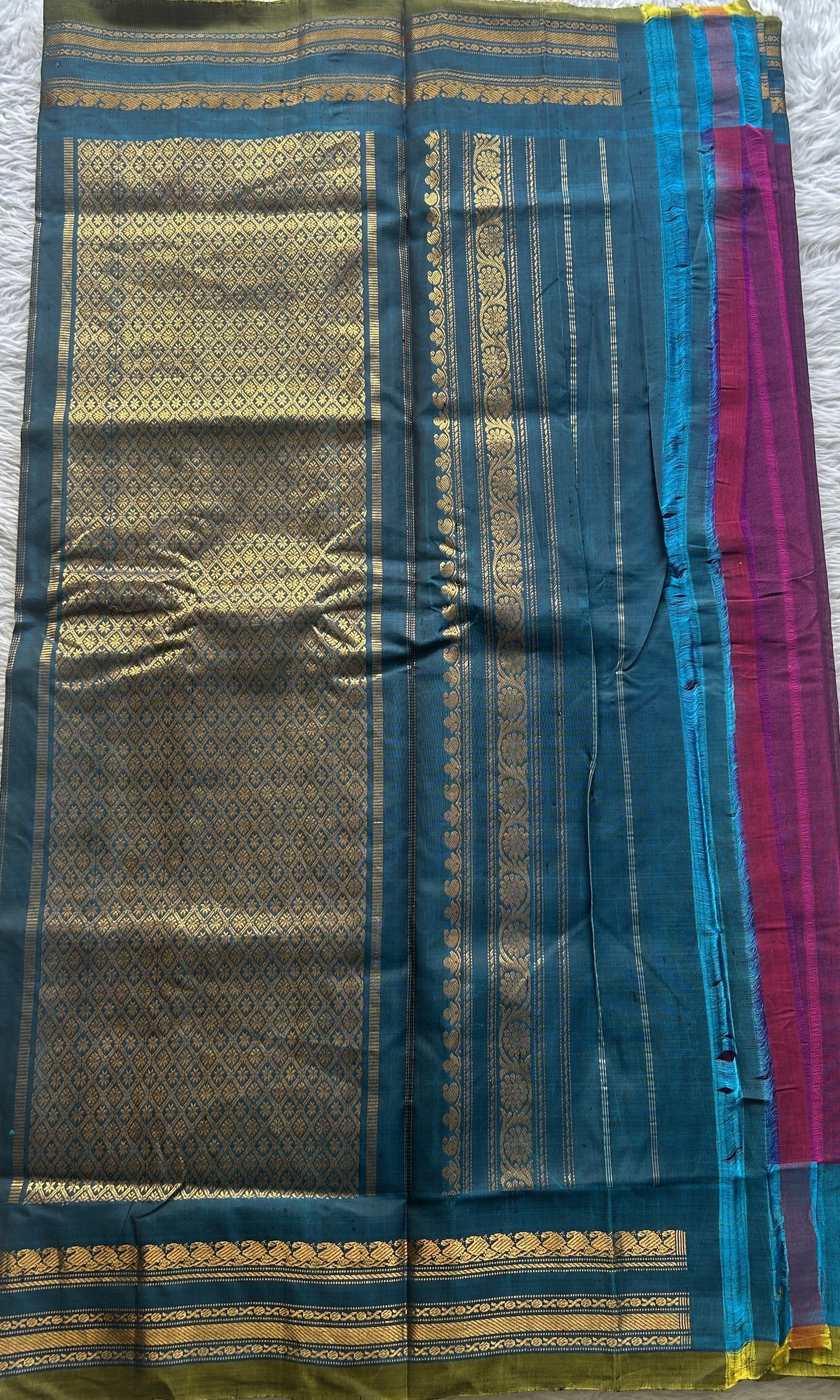 Gadwal Sico Saree Dark Purple colored complemented with a Blue Zari Border. - Sampradaya Designer Studio
