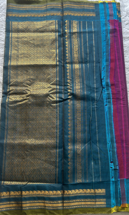 Gadwal Sico Saree Dark Purple colored complemented with a Blue Zari Border. - Sampradaya Designer Studio