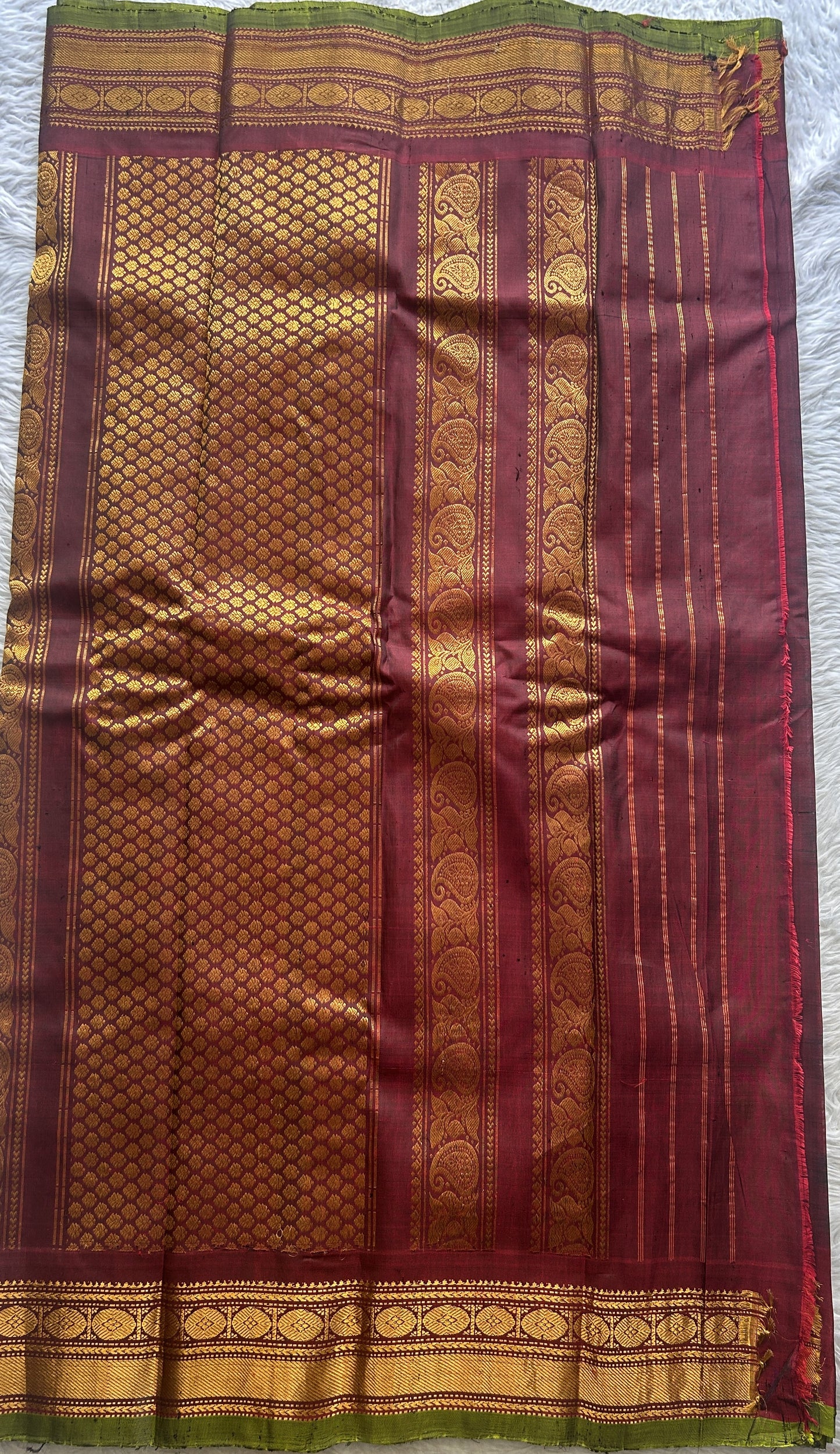 Gadwal Sico Saree Dark Green colored complemented with a Maroon Zari Border. - Sampradaya Designer Studio