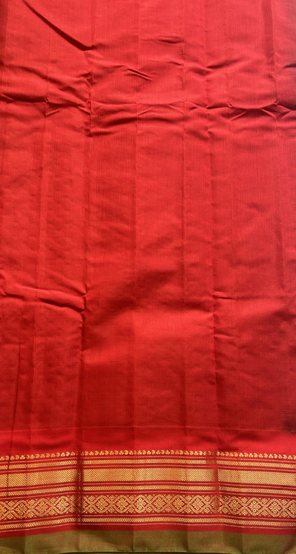 Gadwal Sico Saree Olive Green colored complemented with a Red Zari Border. - Sampradaya Designer Studio