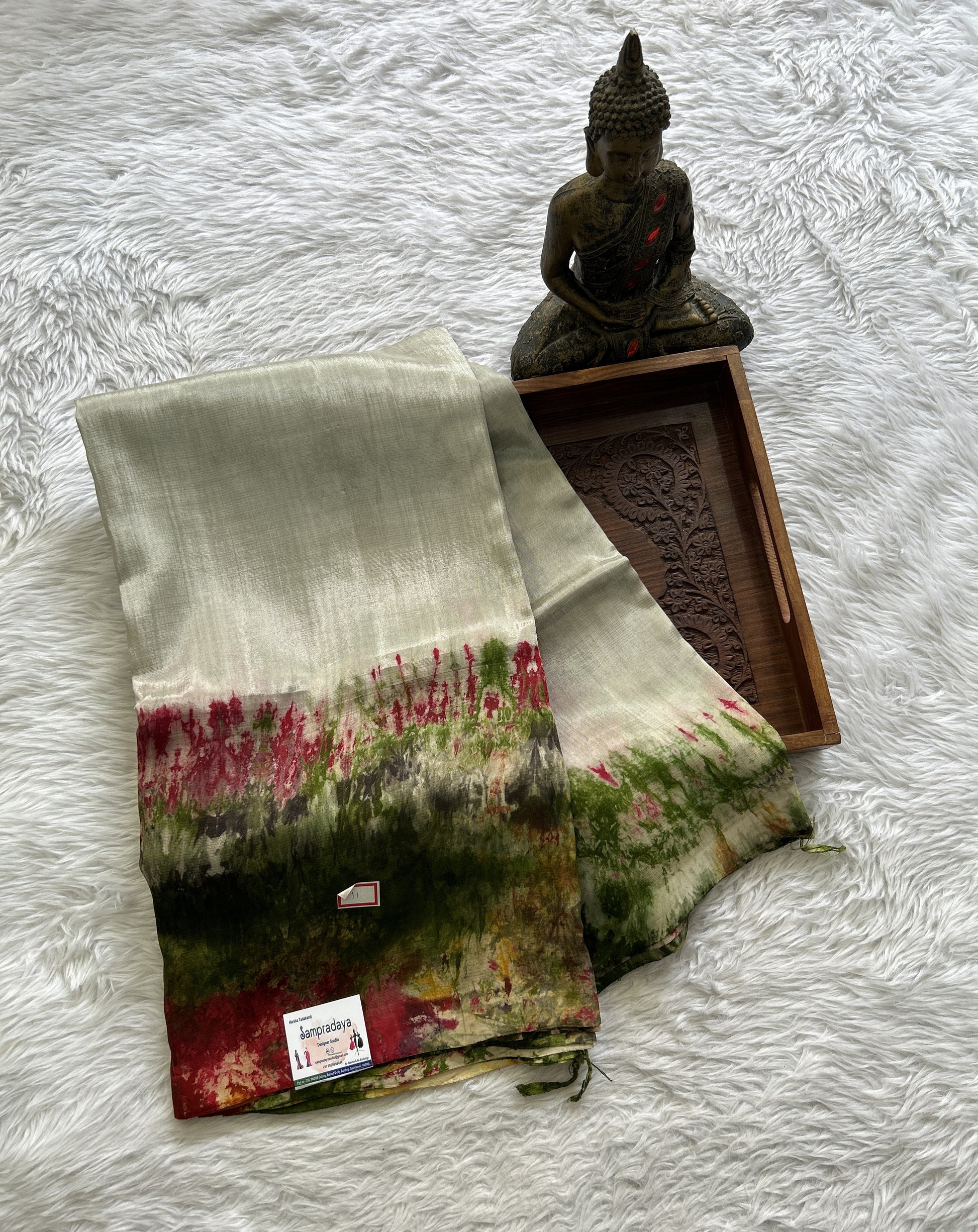 Mangalagiri Pattu Shibori Saree Lighr Olive Green colored complemented with a Borderless. - Sampradaya Designer Studio