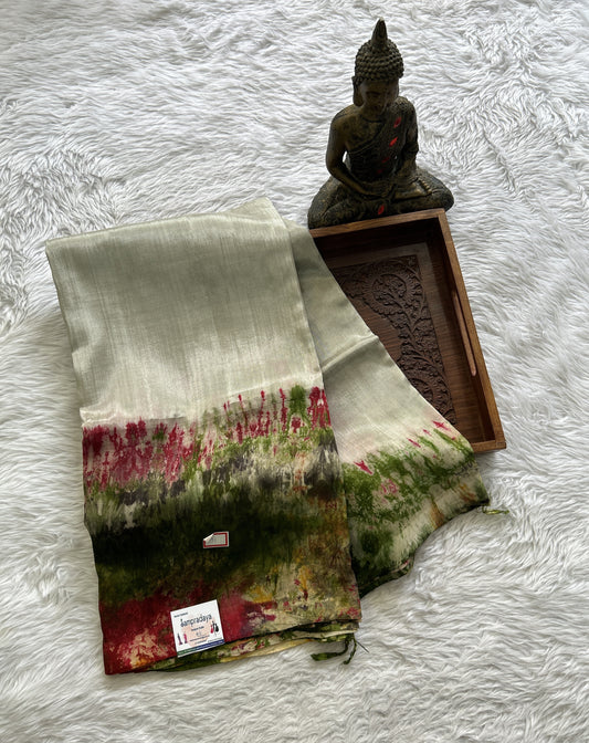 Mangalagiri Pattu Shibori Saree Lighr Olive Green colored complemented with a Borderless. - Sampradaya Designer Studio