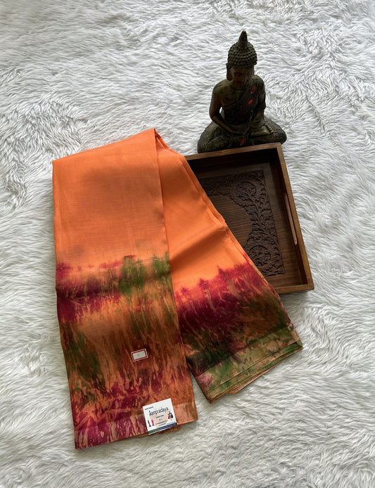 Mangalagiri Pattu Shibori Saree Orange colored complemented with a Borderless. - Sampradaya Designer Studio