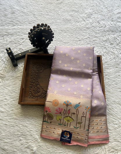 Silk kota Saree Lilac colored Complemented with a Zari Border. - Sampradaya Designer Studio