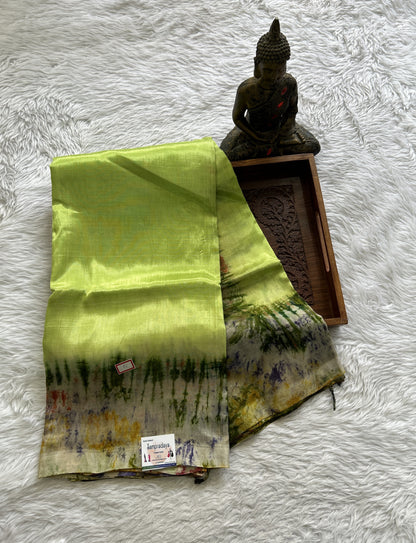 Mangalagiri Pattu Shibori Saree Lime Green colored complemented with a Borderless. - Sampradaya Designer Studio