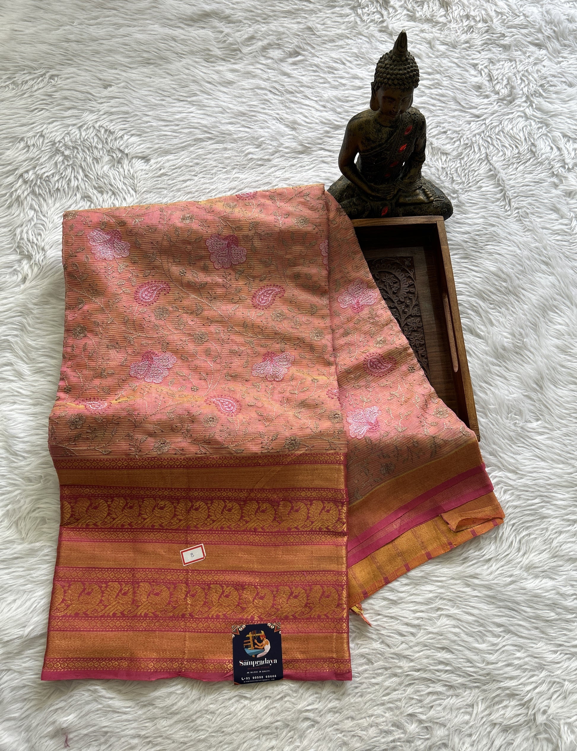 Mangalagiri Chikankari Saree Pink colored complemented with a Mangalagiri Kanchi Border. - Sampradaya Designer Studio
