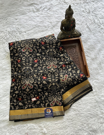 Mangalagiri Chikankari Saree Black colored complemented with a Zari Border. - Sampradaya Designer Studio