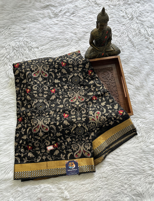 Mangalagiri Chikankari Saree Black colored complemented with a Zari Border. - Sampradaya Designer Studio