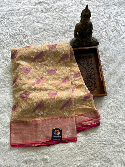 Mangalagiri Chikankari Saree Coral colored complemented with a Pink Mangalagiri Border. - Sampradaya Designer Studio