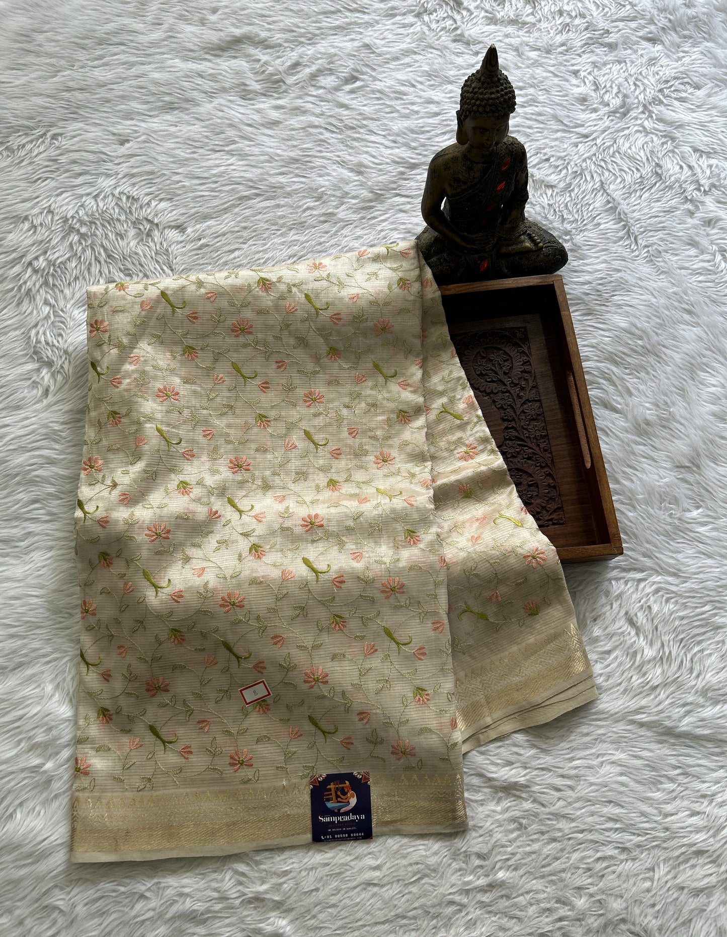 Mangalagiri Chikankari Saree Cream colored complemented with a Zari Border. - Sampradaya Designer Studio