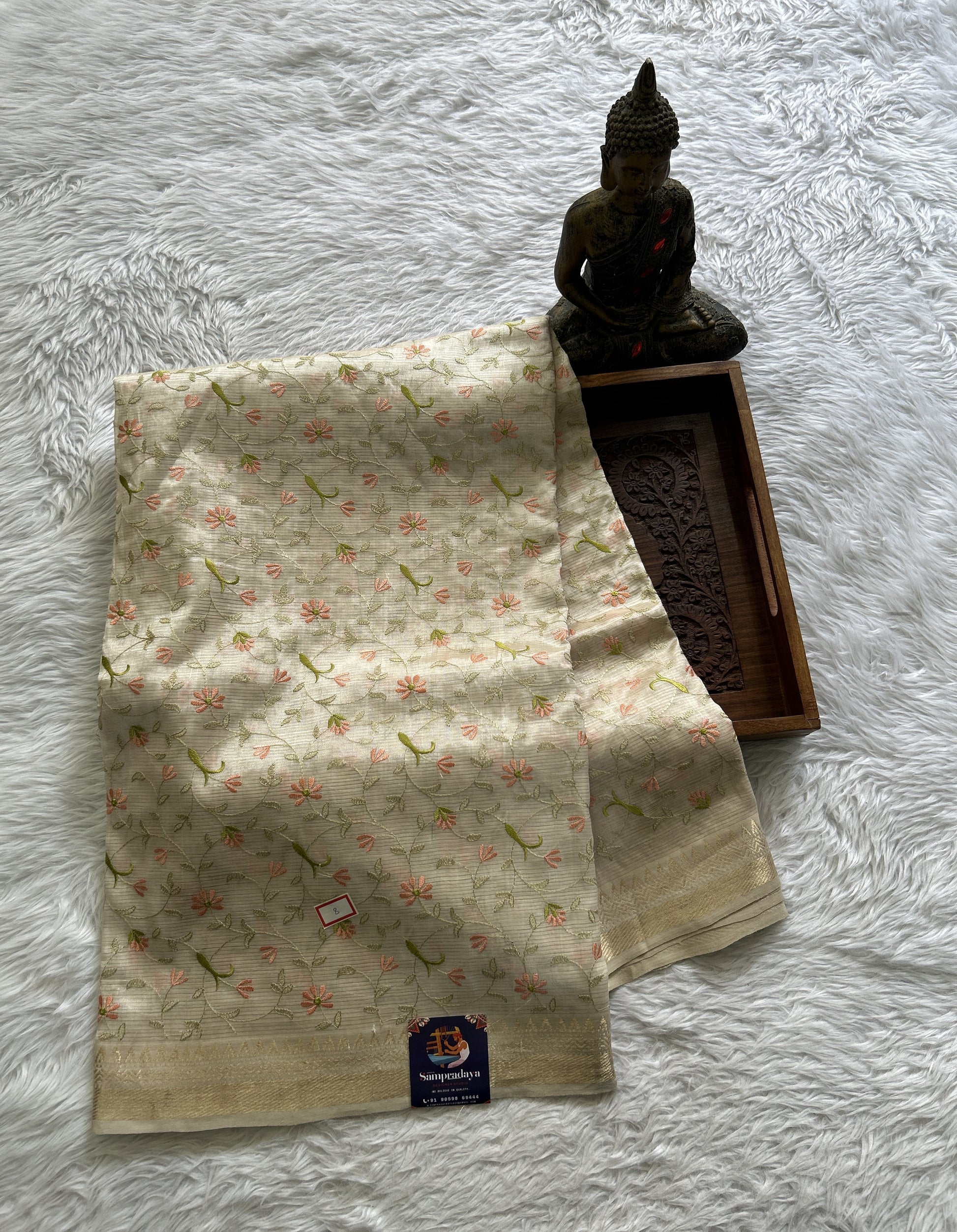Mangalagiri Chikankari Saree Cream colored complemented with a Zari Border. - Sampradaya Designer Studio
