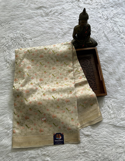 Mangalagiri Chikankari Saree Cream colored complemented with a Zari Border. - Sampradaya Designer Studio