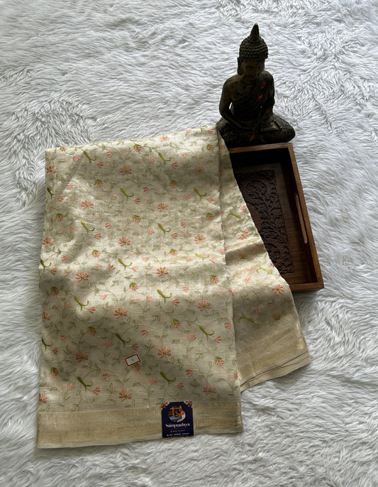 Mangalagiri Chikankari Saree Cream colored complemented with a Zari Border. - Sampradaya Designer Studio