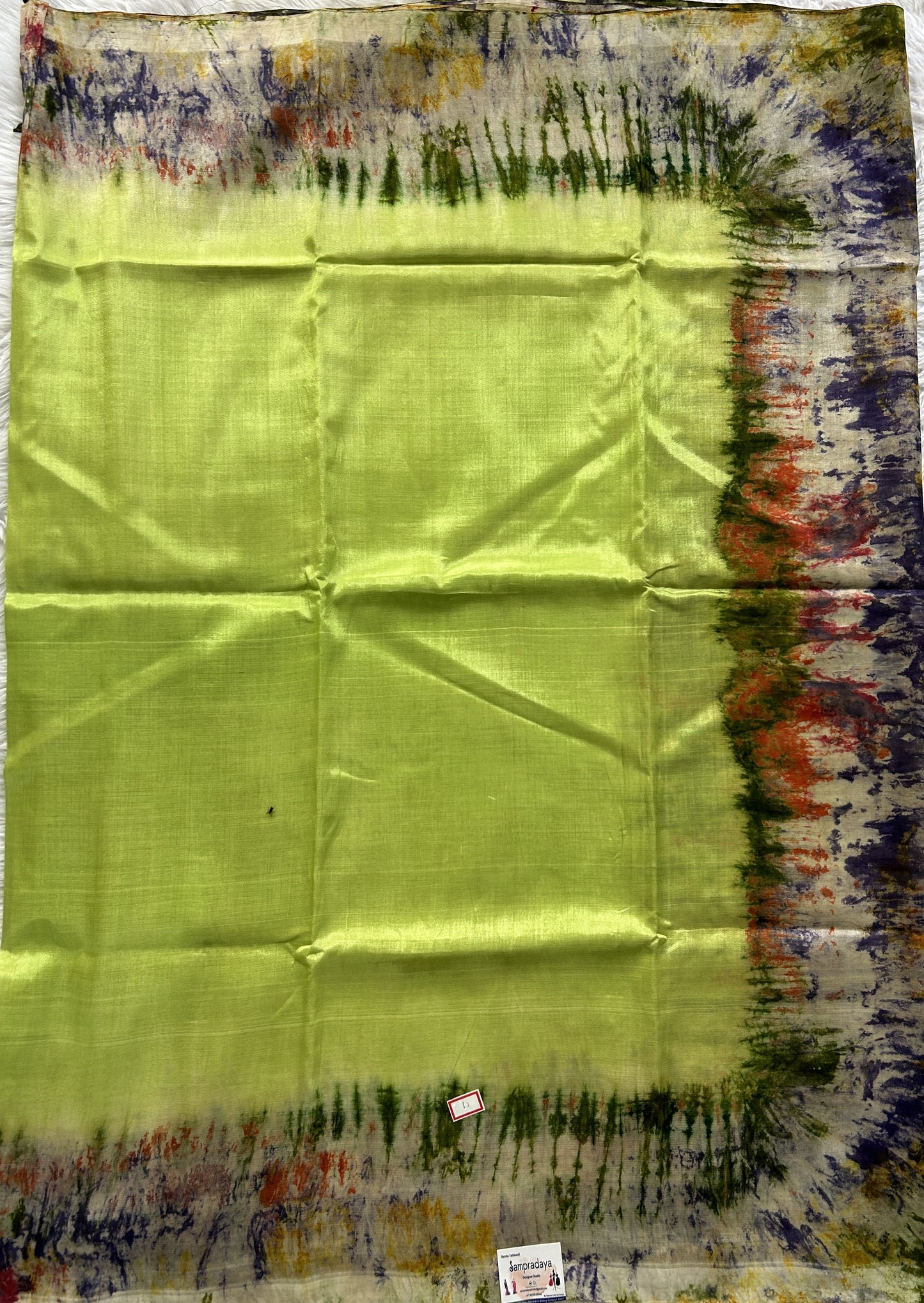 Mangalagiri Pattu Shibori Saree Lime Green colored complemented with a Borderless. - Sampradaya Designer Studio