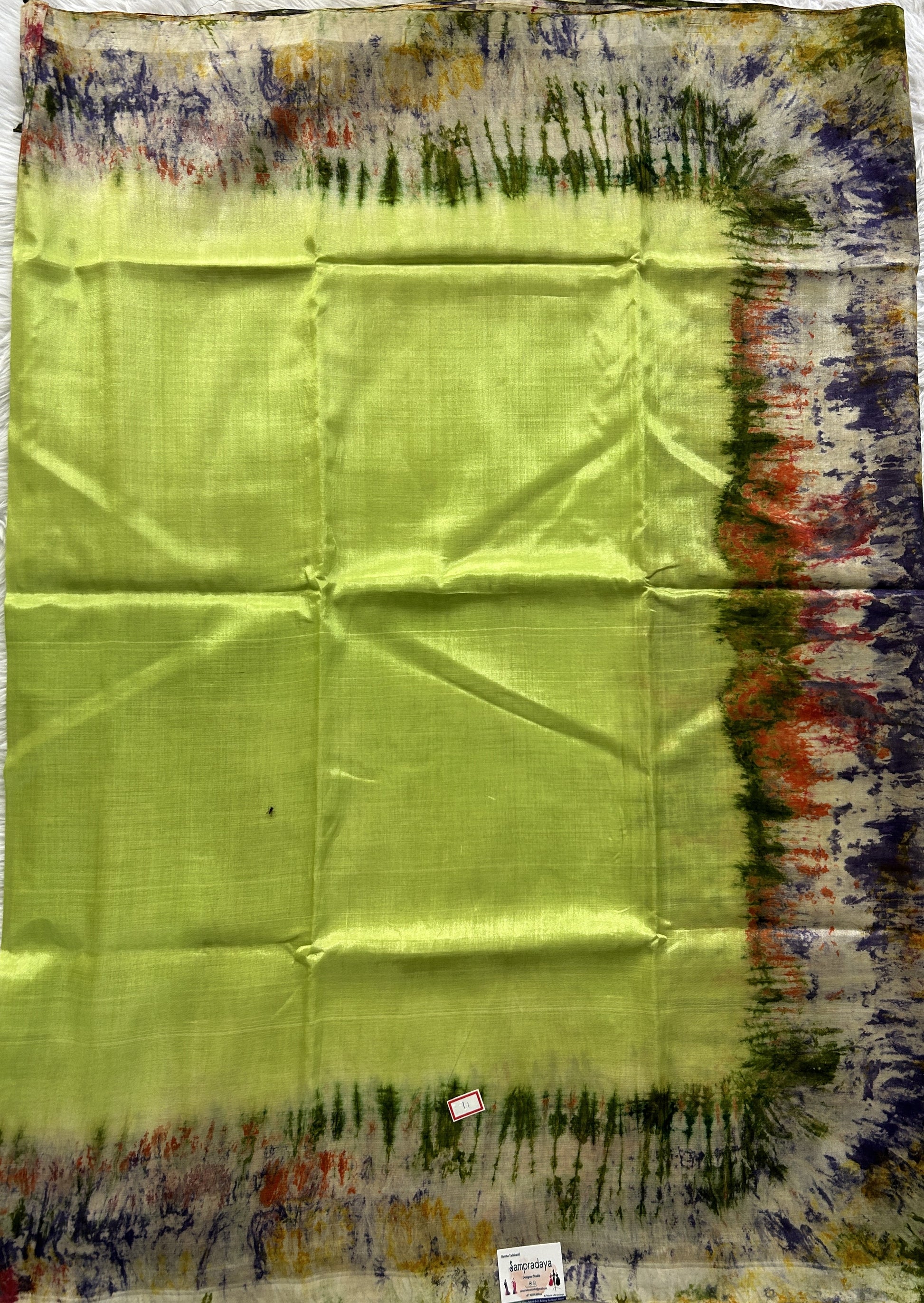 Mangalagiri Pattu Shibori Saree Lime Green colored complemented with a Borderless. - Sampradaya Designer Studio
