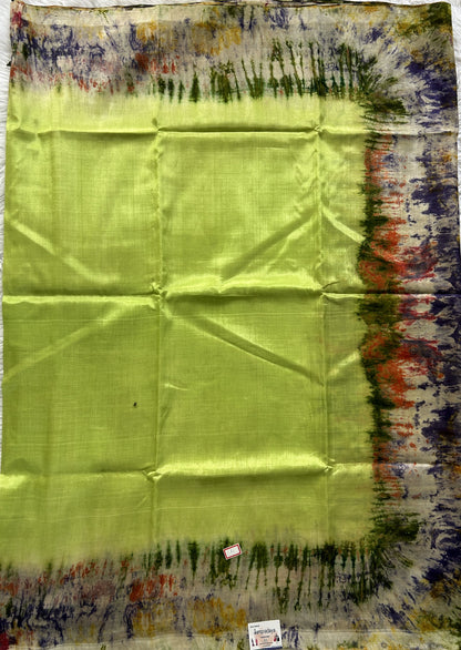 Mangalagiri Pattu Shibori Saree Lime Green colored complemented with a Borderless. - Sampradaya Designer Studio