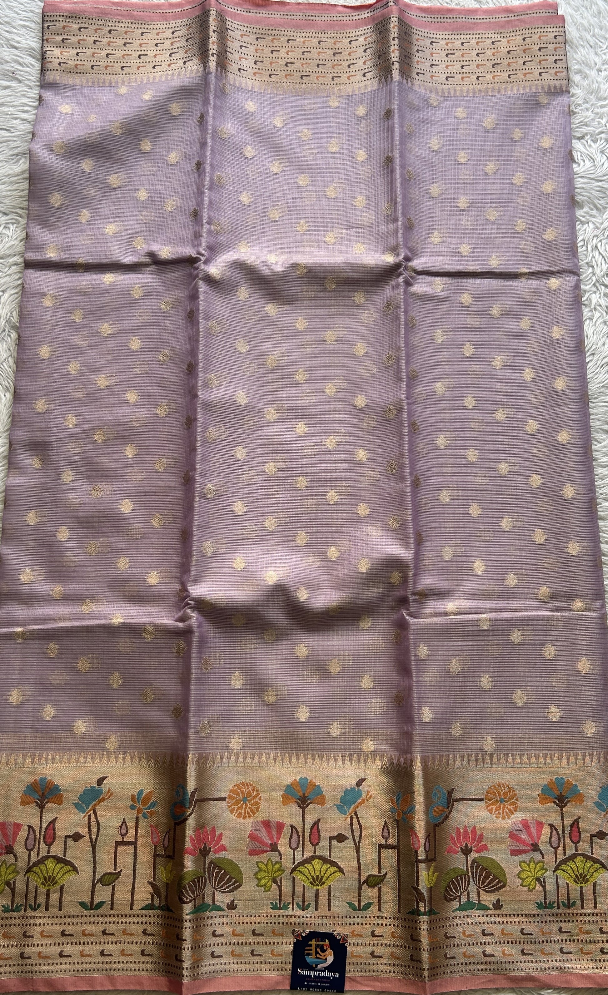 Silk kota Saree Lilac colored Complemented with a Zari Border. - Sampradaya Designer Studio