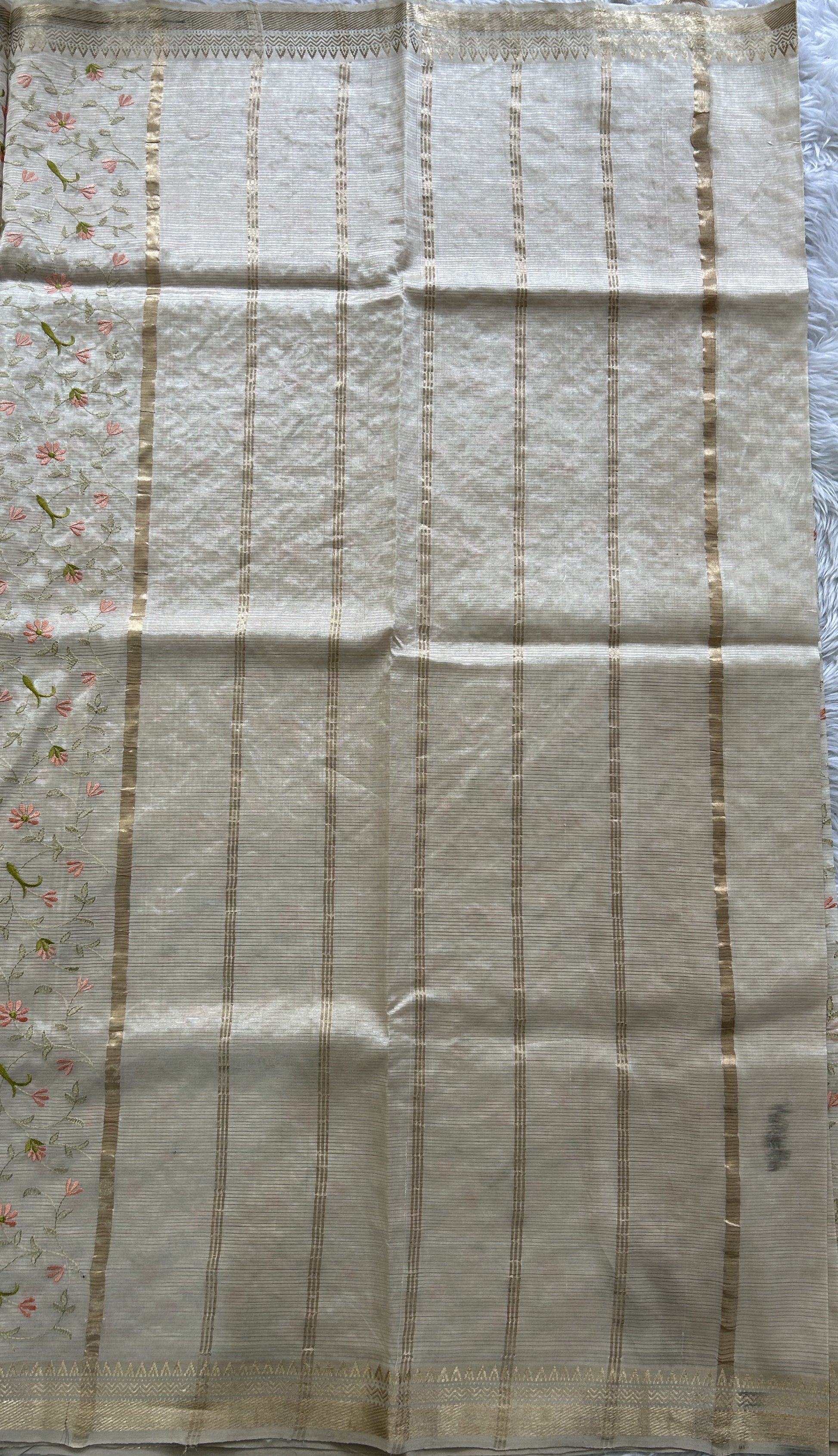 Mangalagiri Chikankari Saree Cream colored complemented with a Zari Border. - Sampradaya Designer Studio