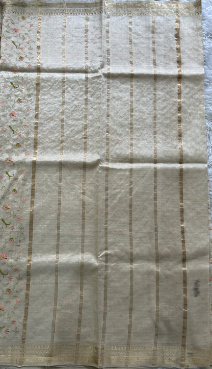 Mangalagiri Chikankari Saree Cream colored complemented with a Zari Border. - Sampradaya Designer Studio