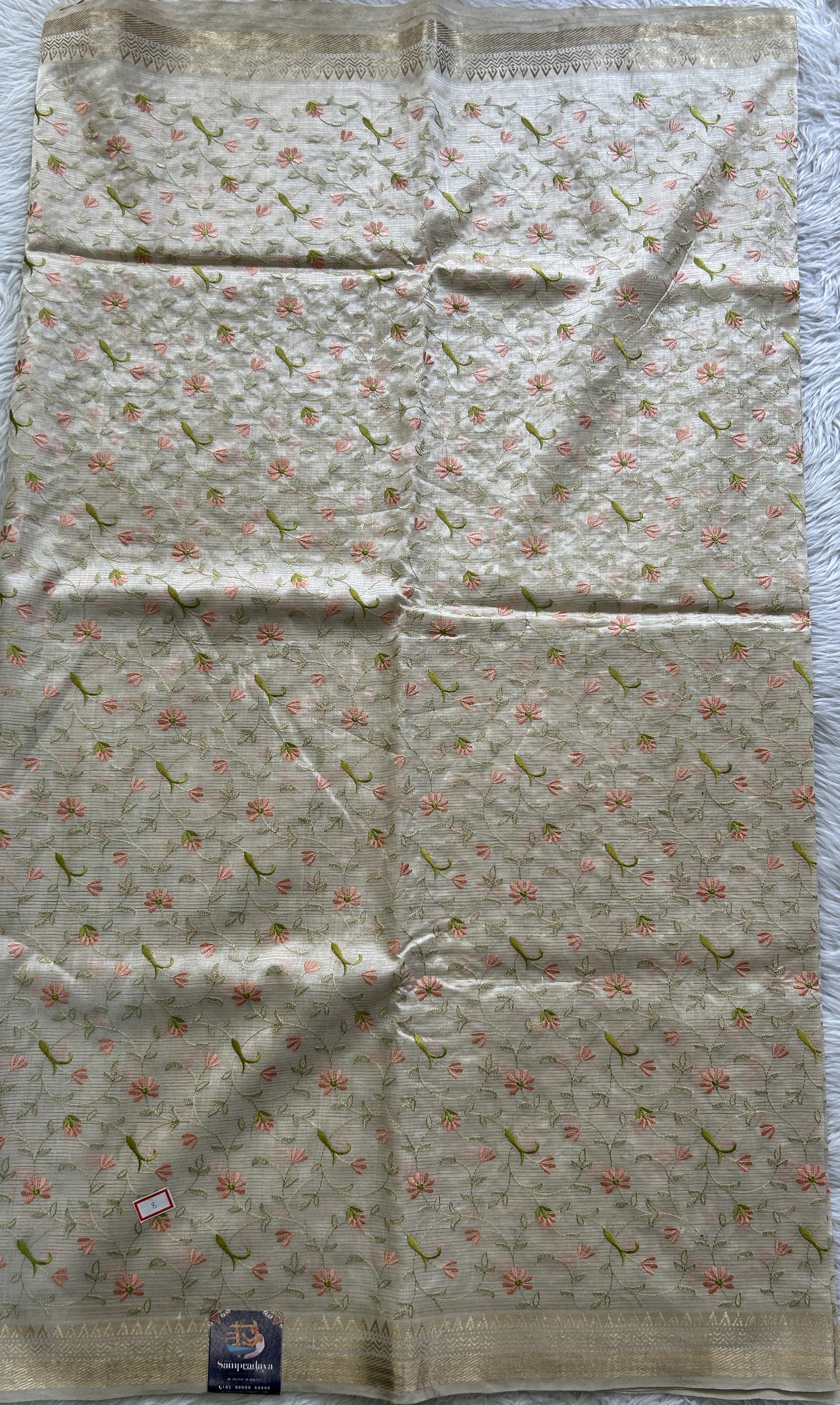 Mangalagiri Chikankari Saree Cream colored complemented with a Zari Border. - Sampradaya Designer Studio